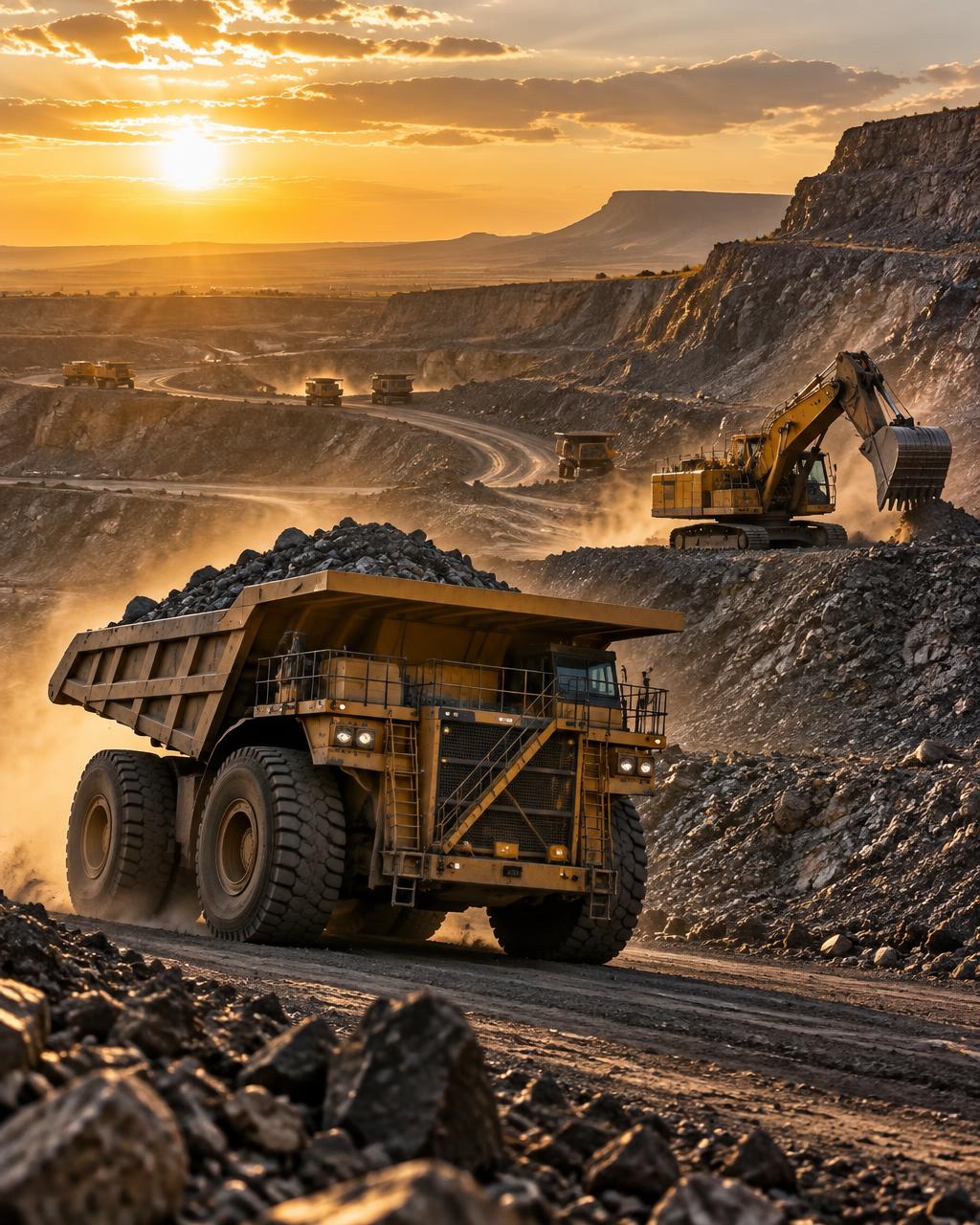 Open-pit mining operation at golden hour